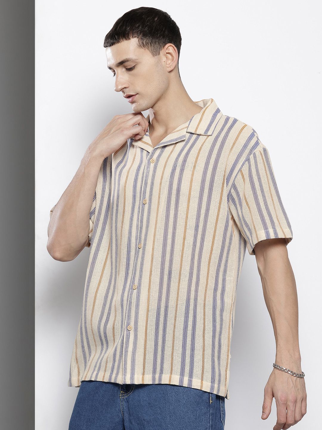Men's Beige Relaxed Fit Striped Resort Wear Shirt - Image 2