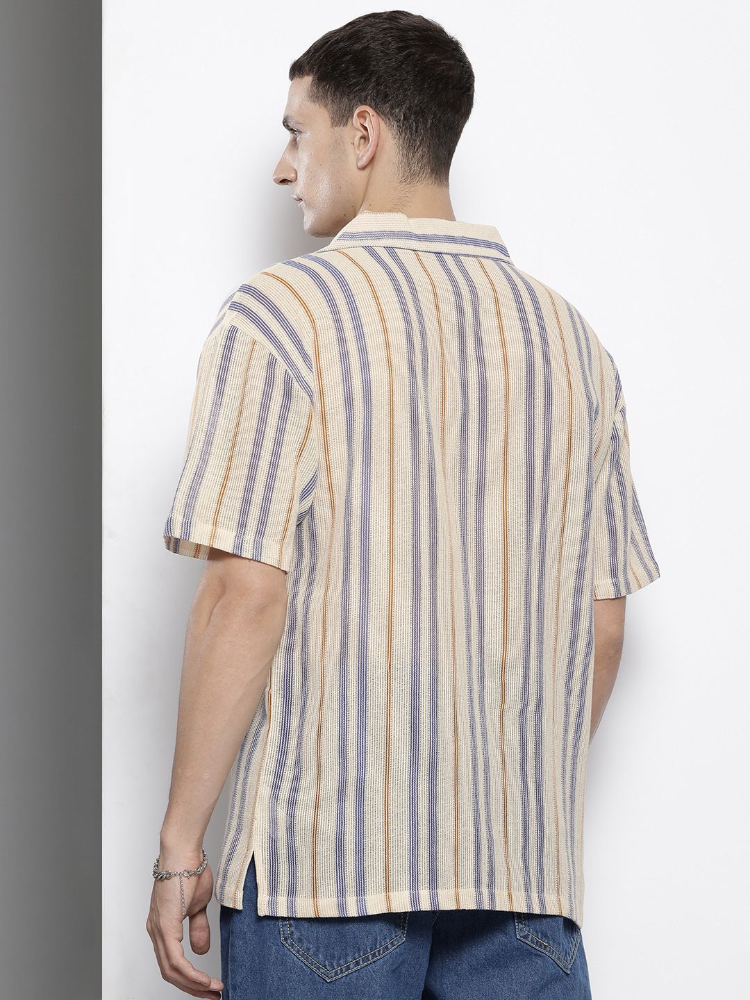 Men's Beige Relaxed Fit Striped Resort Wear Shirt - Image 3