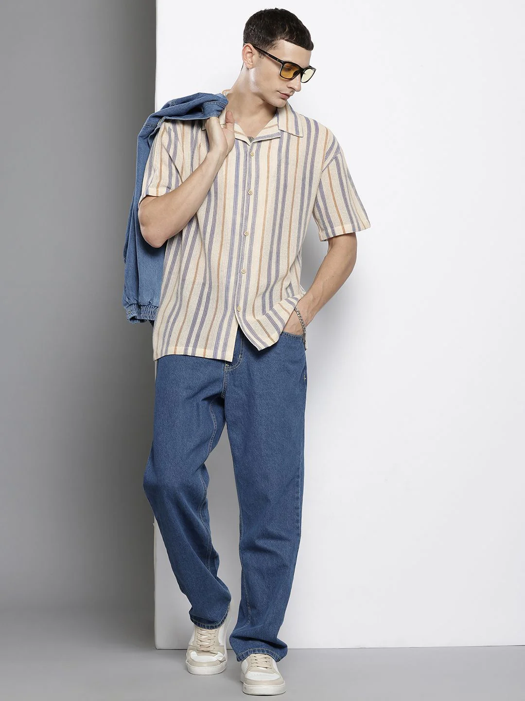 Men's Beige Relaxed Fit Striped Resort Wear Shirt - Image 4