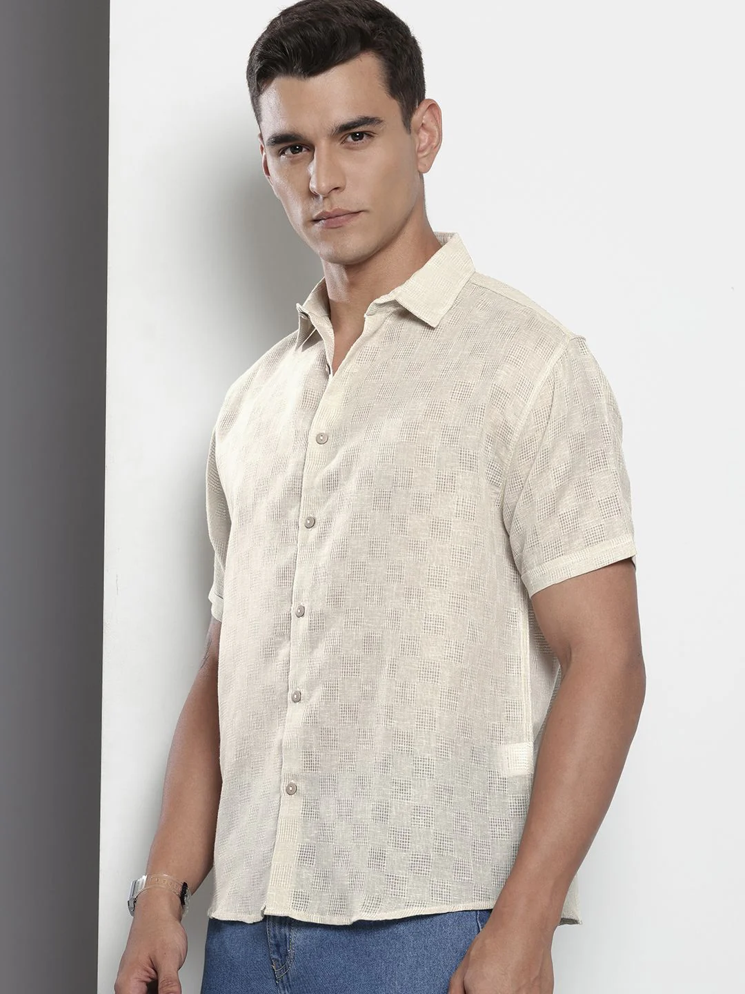 Men's Beige Relaxed Fit Textured Resort Wear Shirt - Image 2