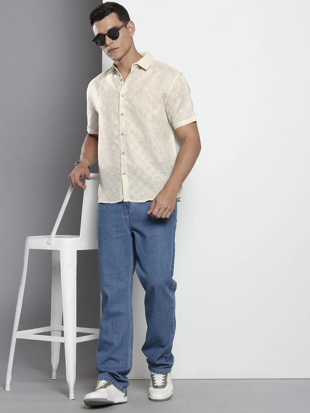 Men's Beige Relaxed Fit Textured Resort Wear Shirt - Image 3