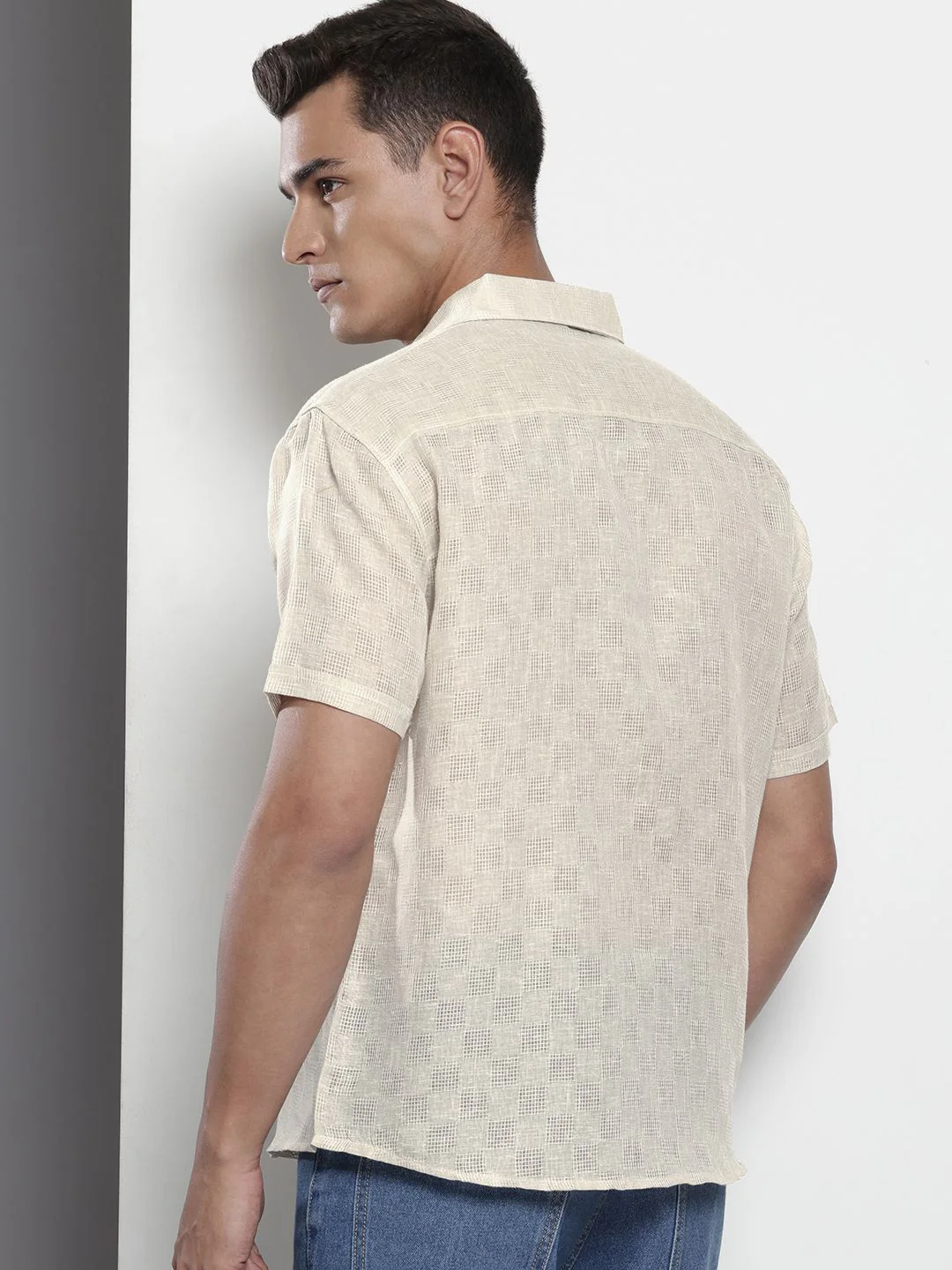 Men's Beige Relaxed Fit Textured Resort Wear Shirt - Image 4
