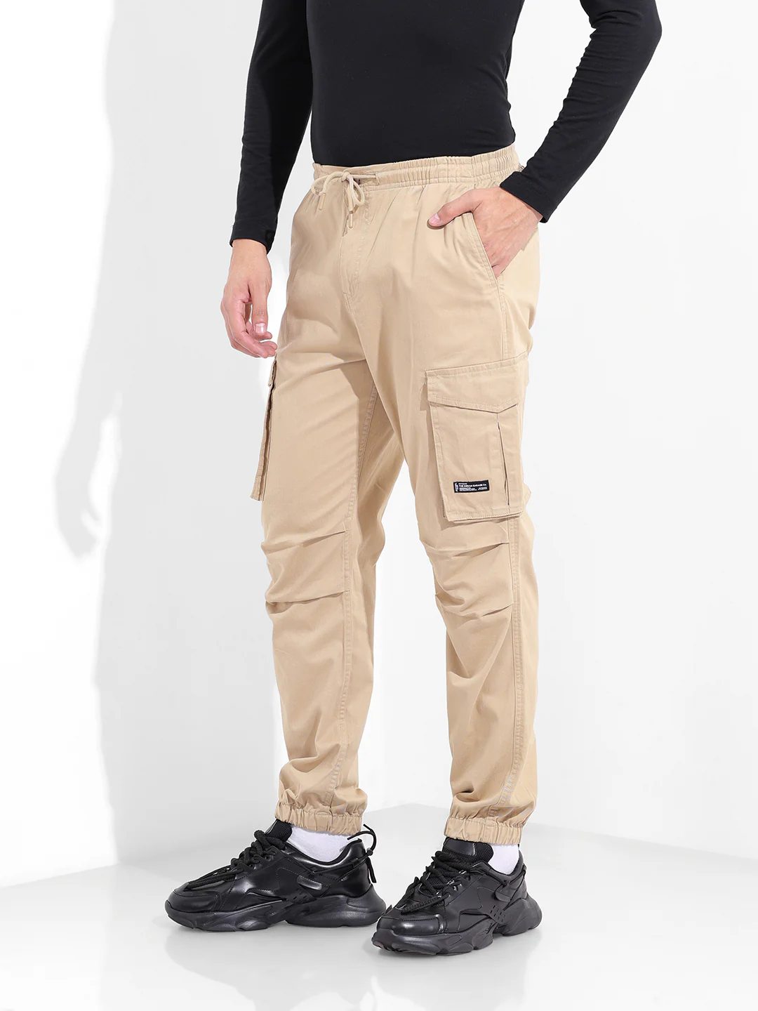 Men's Beige Relaxed Fit Solid Utility Cargo - Image 2