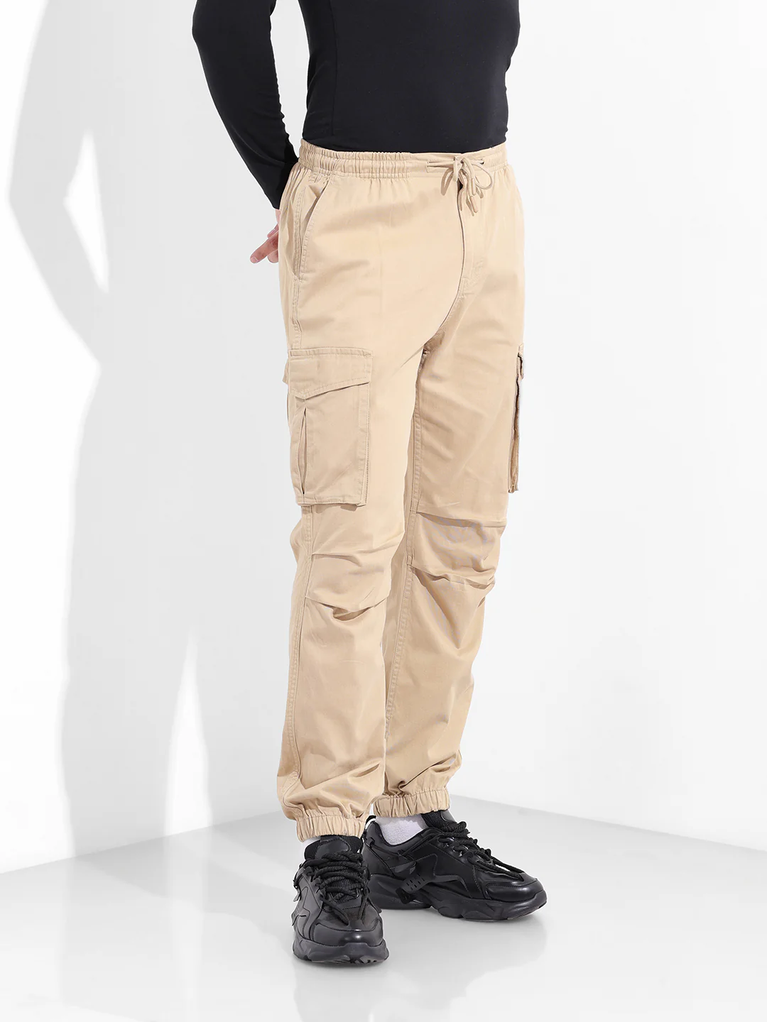 Men's Beige Relaxed Fit Solid Utility Cargo - Image 3