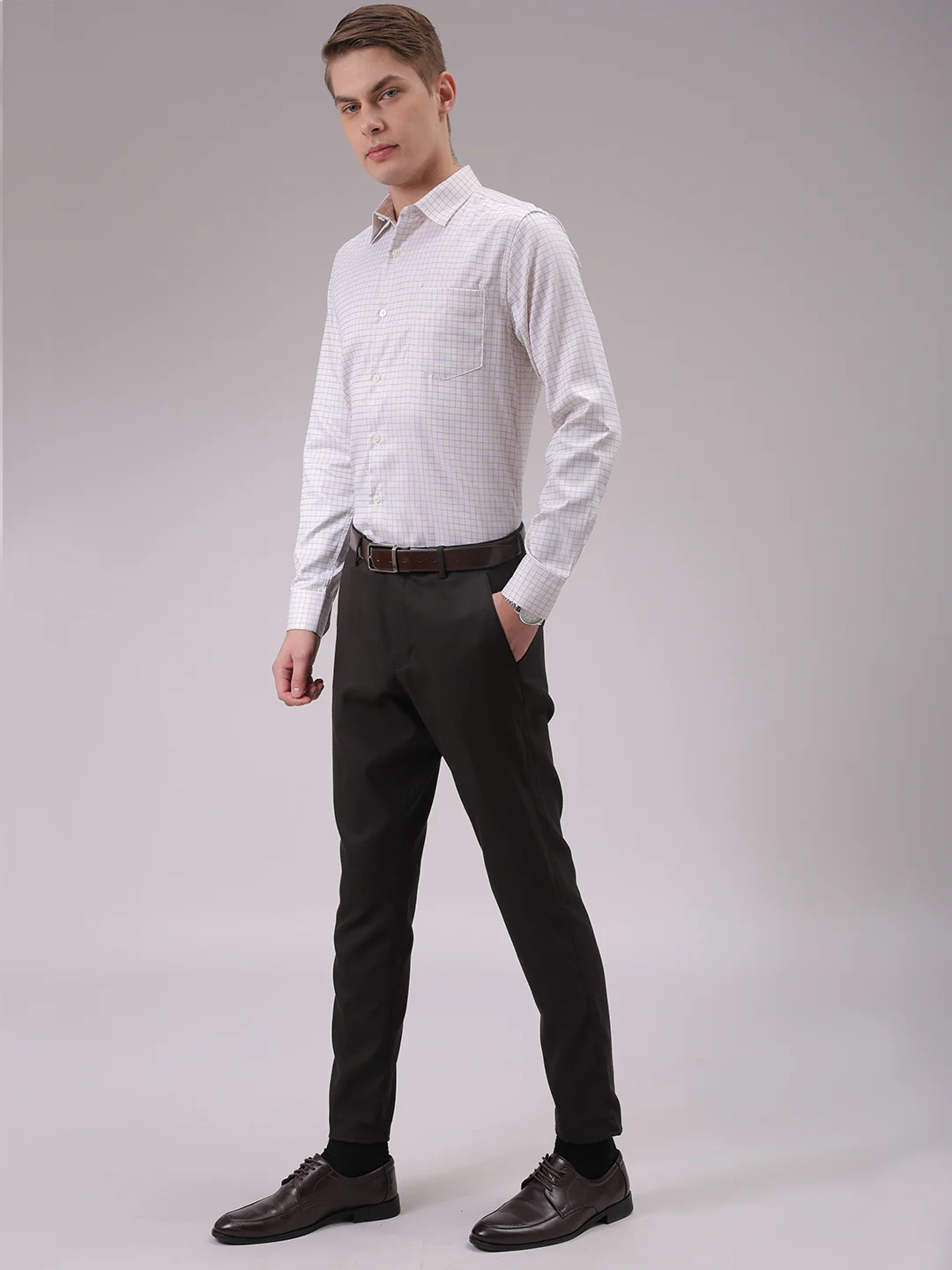 Men's Beige Slim Fit Checked Formal Shirt - Image 2