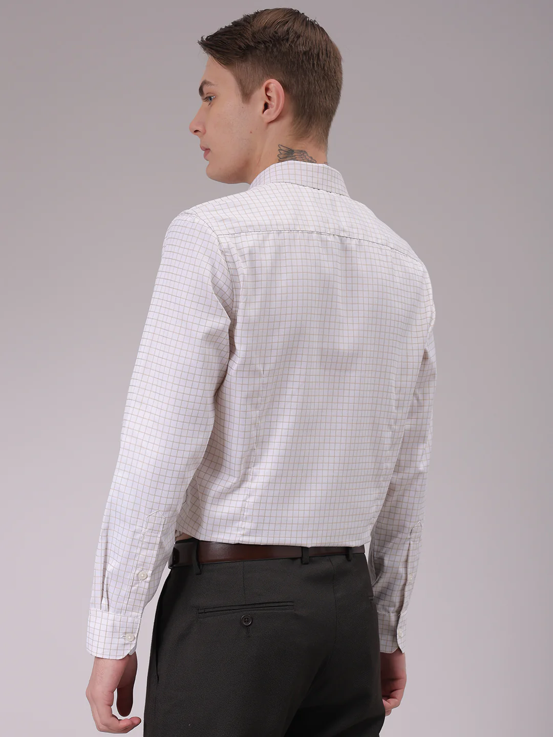Men's Beige Slim Fit Checked Formal Shirt - Image 3