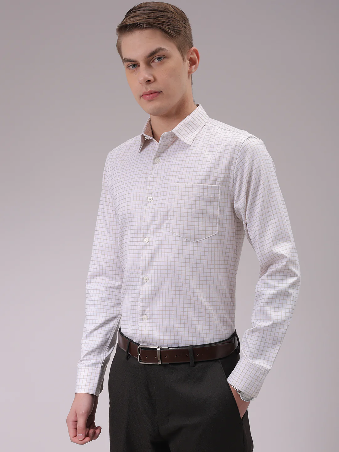 Men's Beige Slim Fit Checked Formal Shirt - Image 4