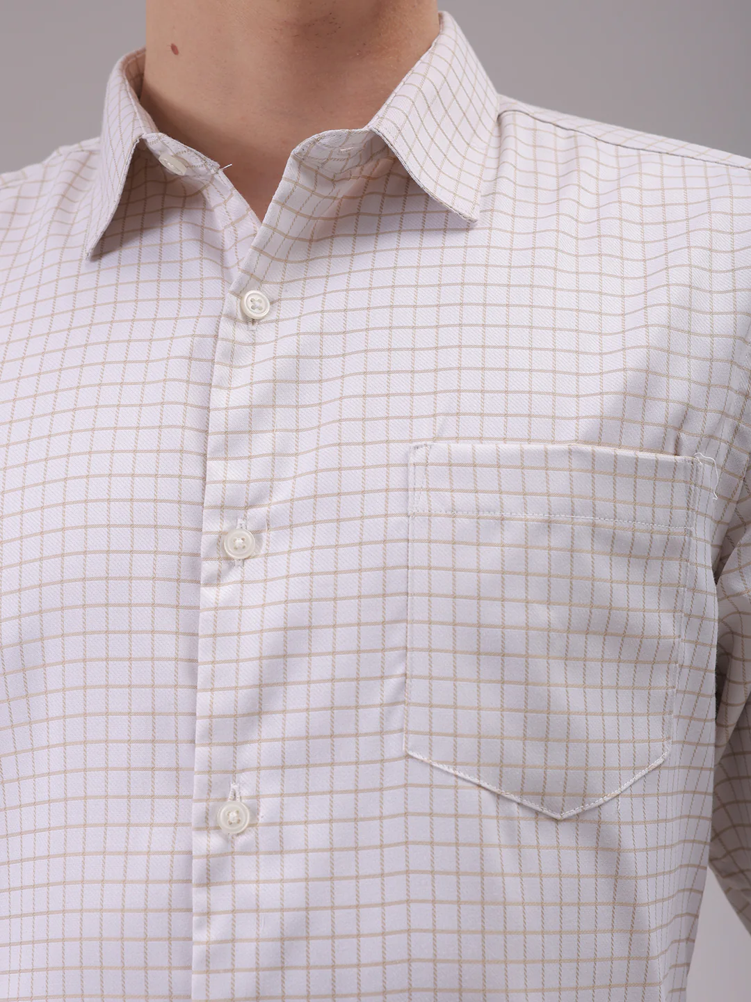 Men's Beige Slim Fit Checked Formal Shirt - Image 5