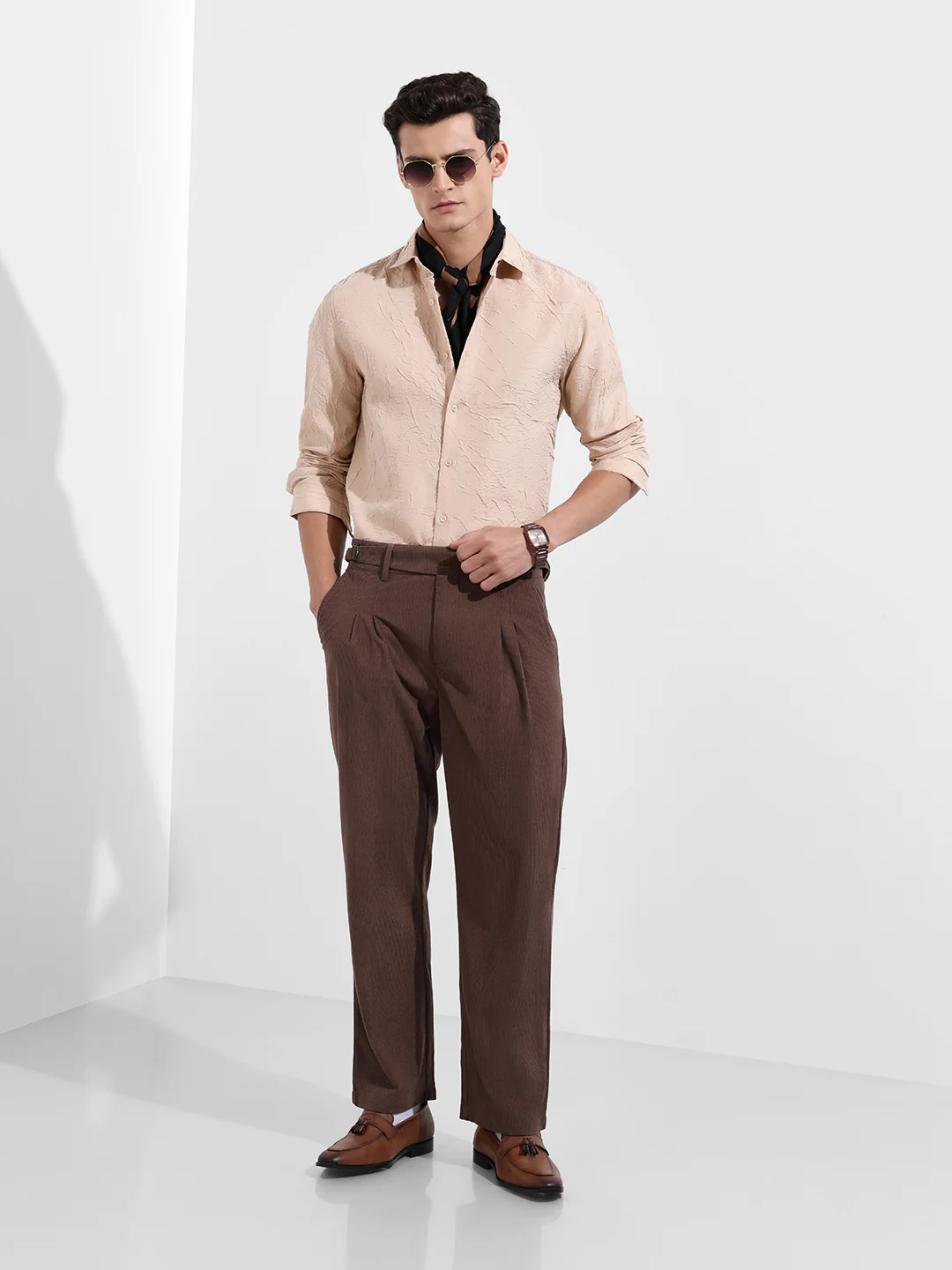 Men's Beige Slim Fit Textured Party Wear Shirt - Image 2