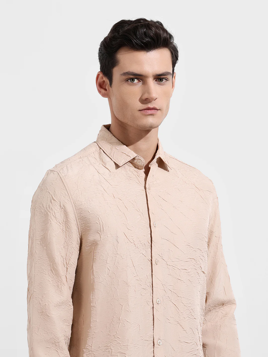 Men's Beige Slim Fit Textured Party Wear Shirt - Image 5