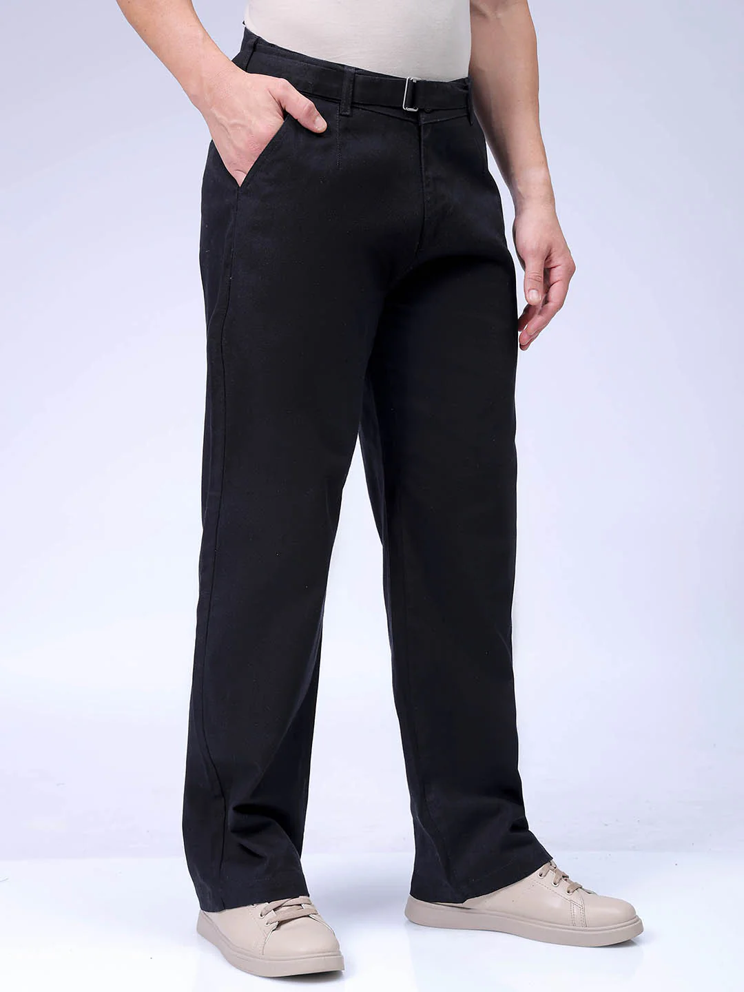 Men's Black Baggy Fit Solid Casual Trouser - Image 3