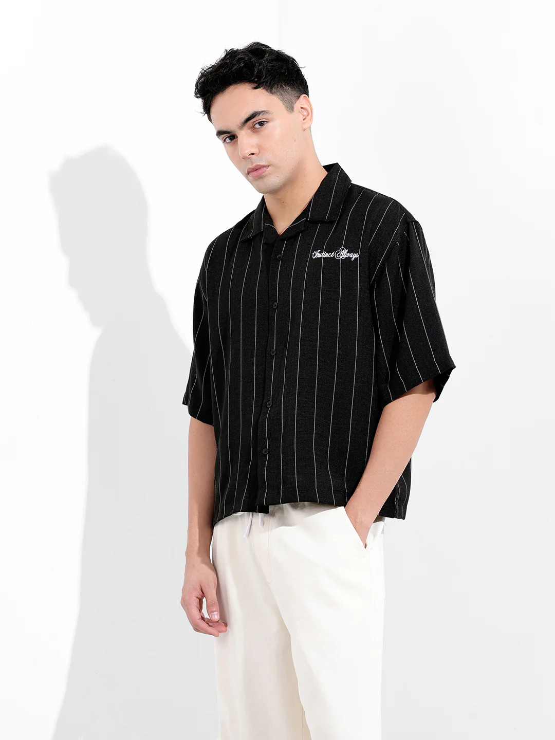 Men's Black Boxy Fit Embroided  Casual Shirt - Image 2
