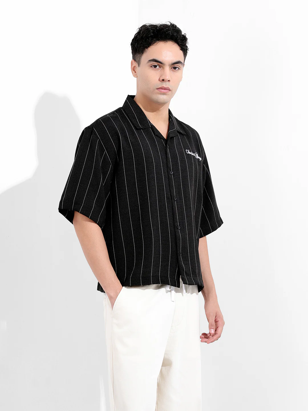 Men's Black Boxy Fit Embroided  Casual Shirt - Image 3