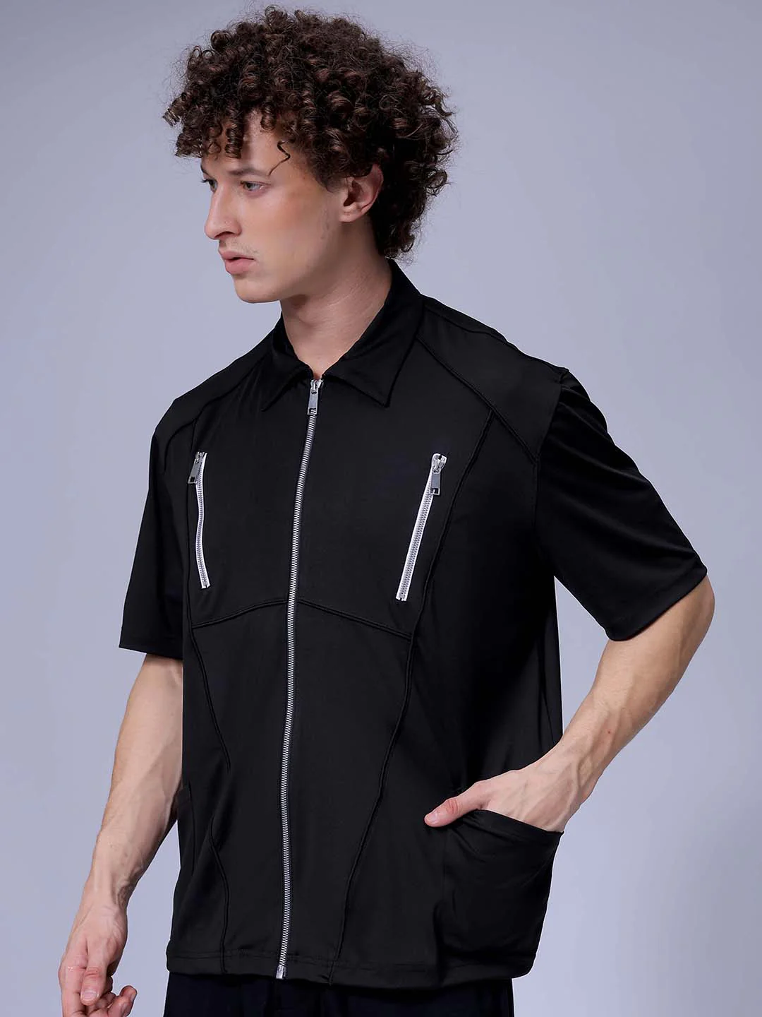 Men's Black Boxy Fit Solid Korean Street Shirt - Image 2