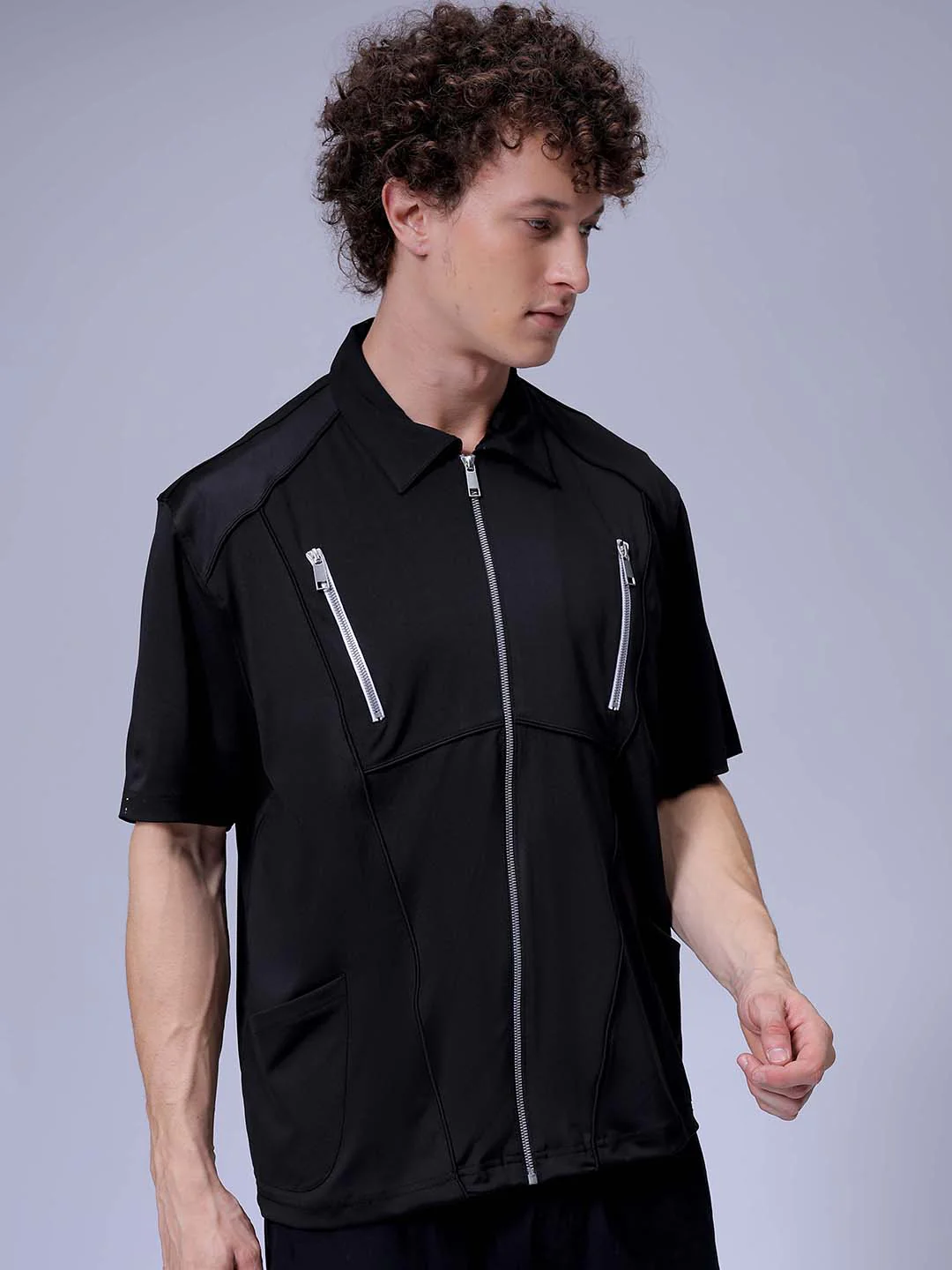 Men's Black Boxy Fit Solid Korean Street Shirt - Image 3