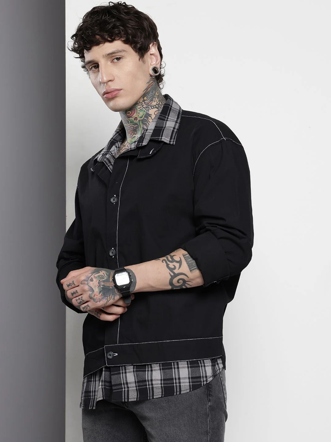 Men's Black Boxy Fit Solid Korean Street Shirt - Image 3