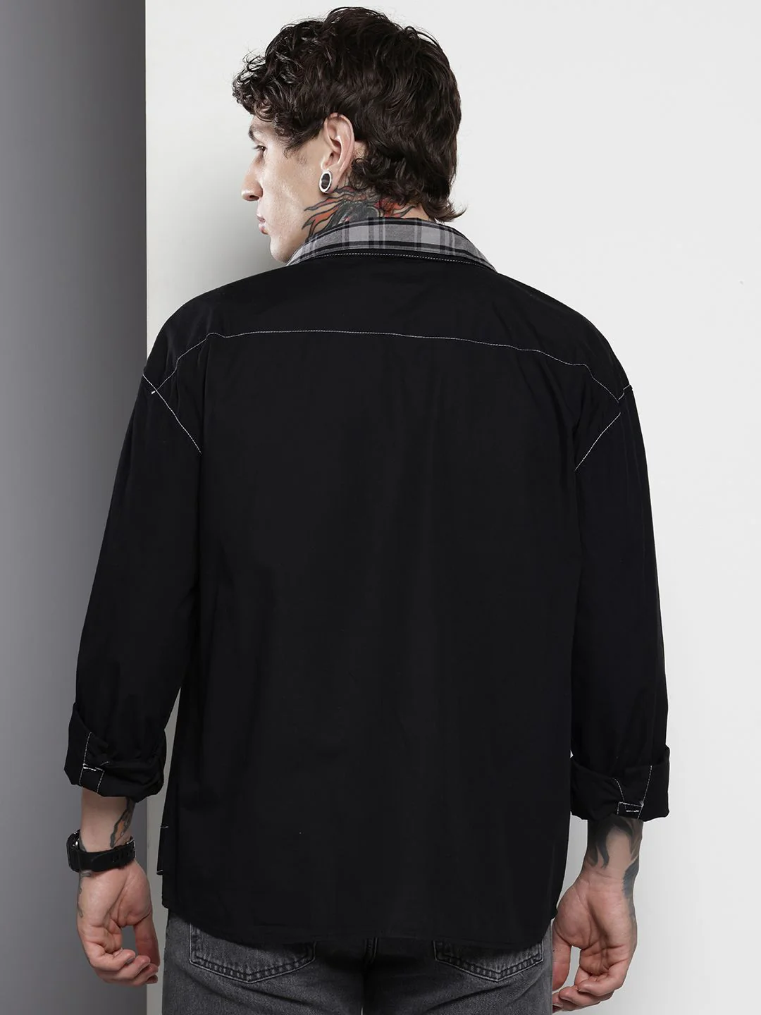 Men's Black Boxy Fit Solid Korean Street Shirt - Image 4