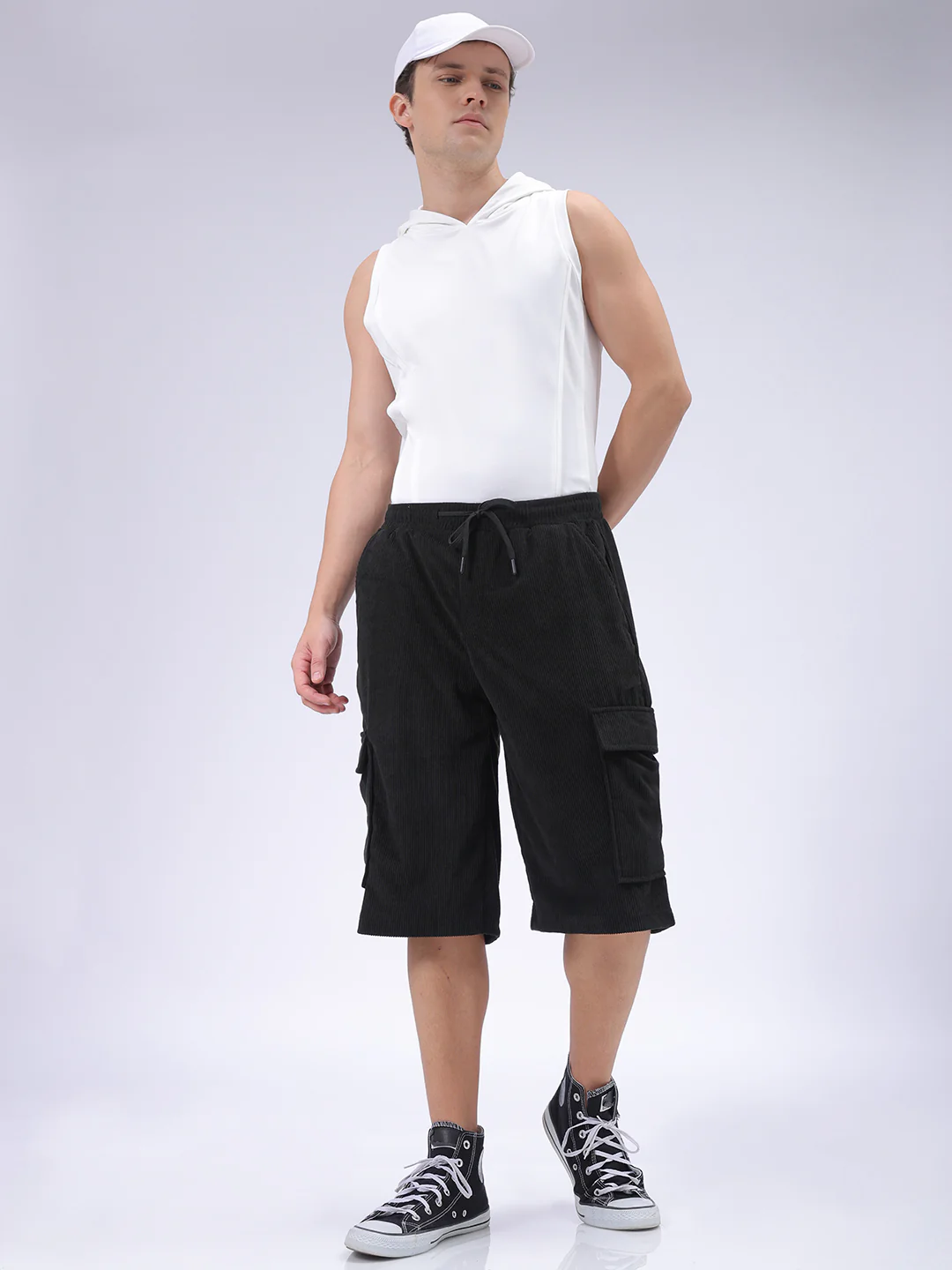 Men's Black Loose Fit Textured Utility Shorts - Image 3