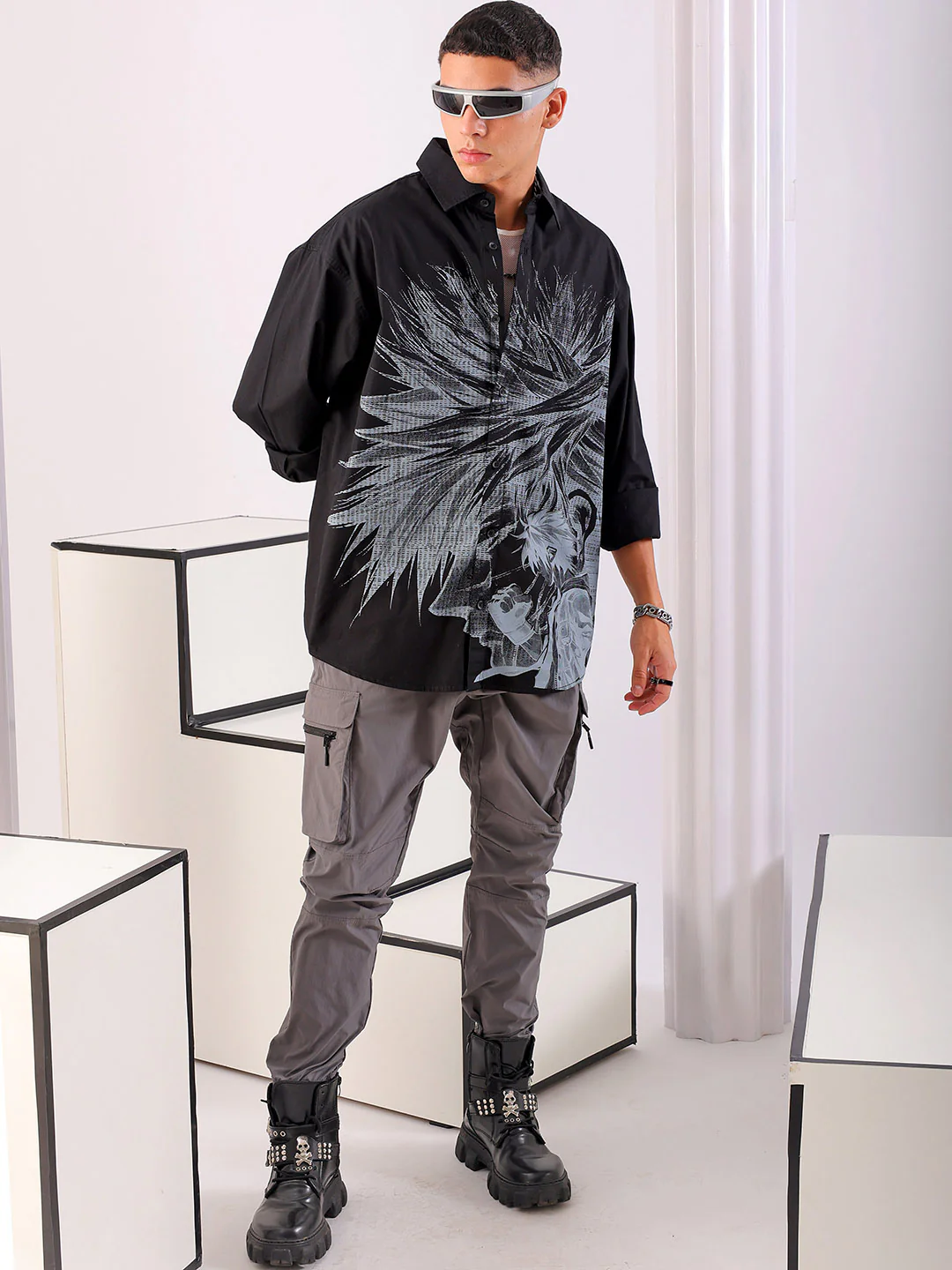 Men's Black Oversized Fit Graphic Printed Korean Street Shirt - Image 2