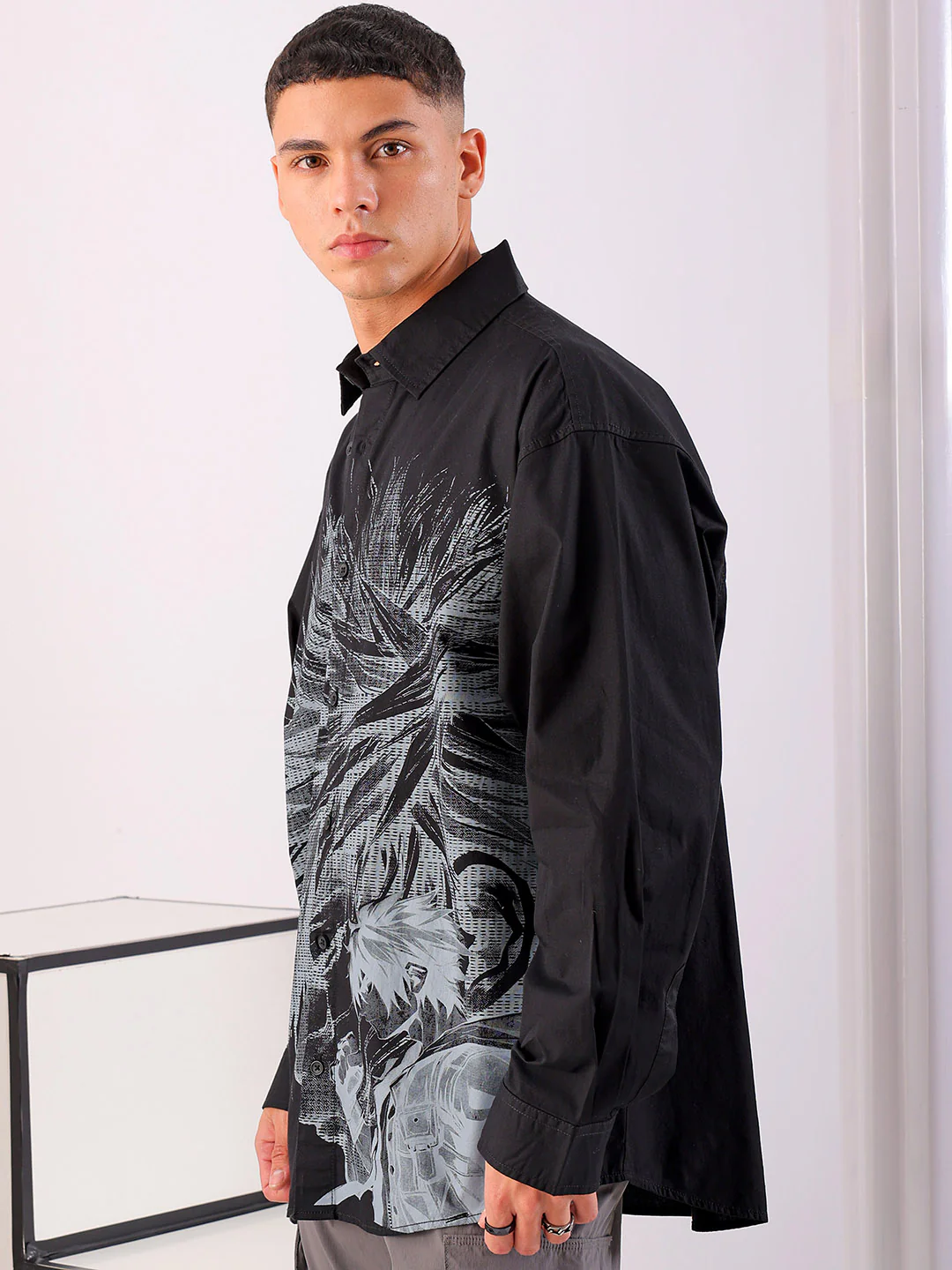 Men's Black Oversized Fit Graphic Printed Korean Street Shirt - Image 4