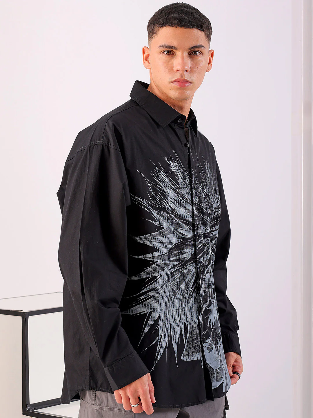 Men's Black Oversized Fit Graphic Printed Korean Street Shirt - Image 5
