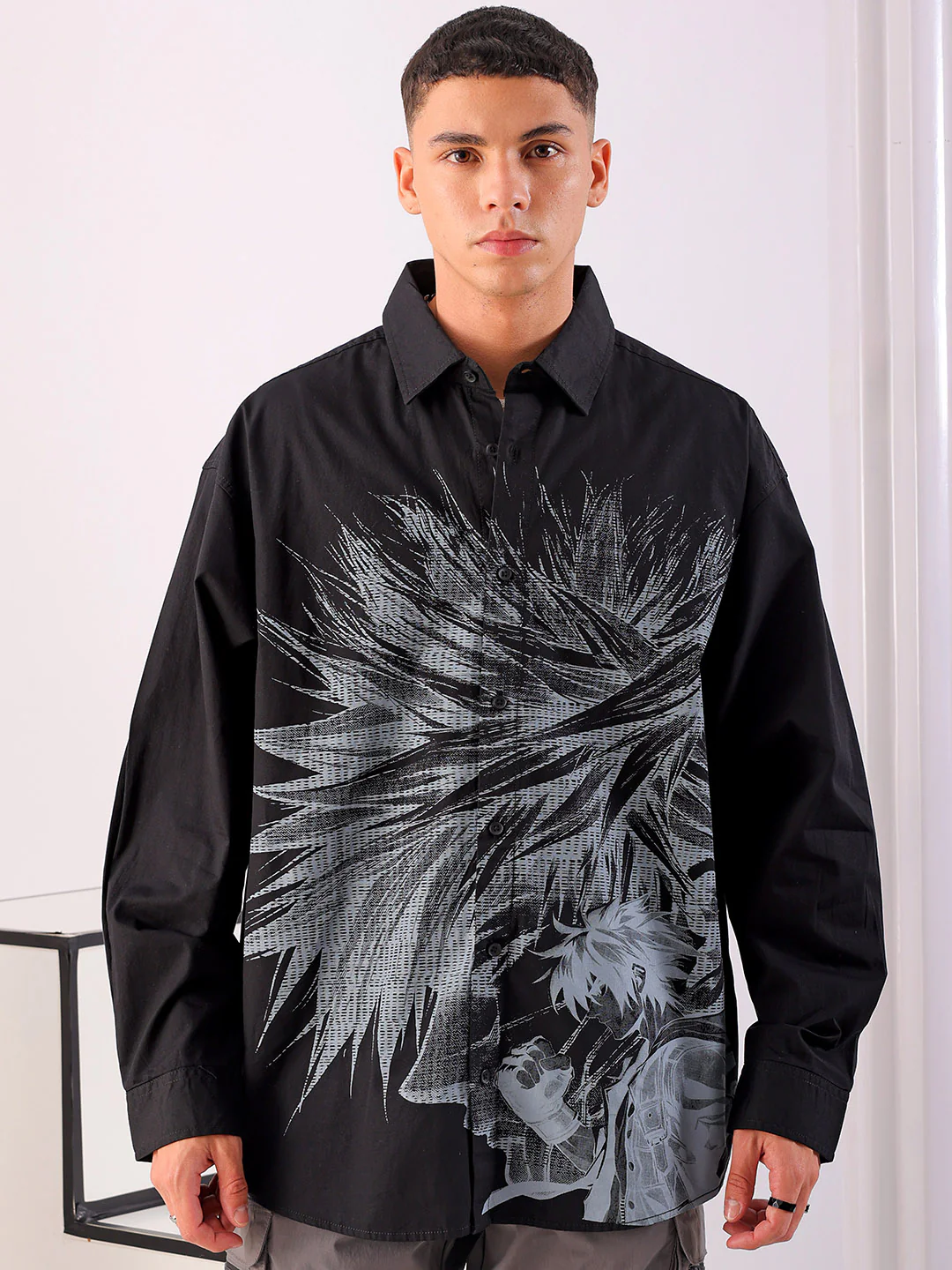 Men's Black Oversized Fit Graphic Printed Korean Street Shirt - Image 7