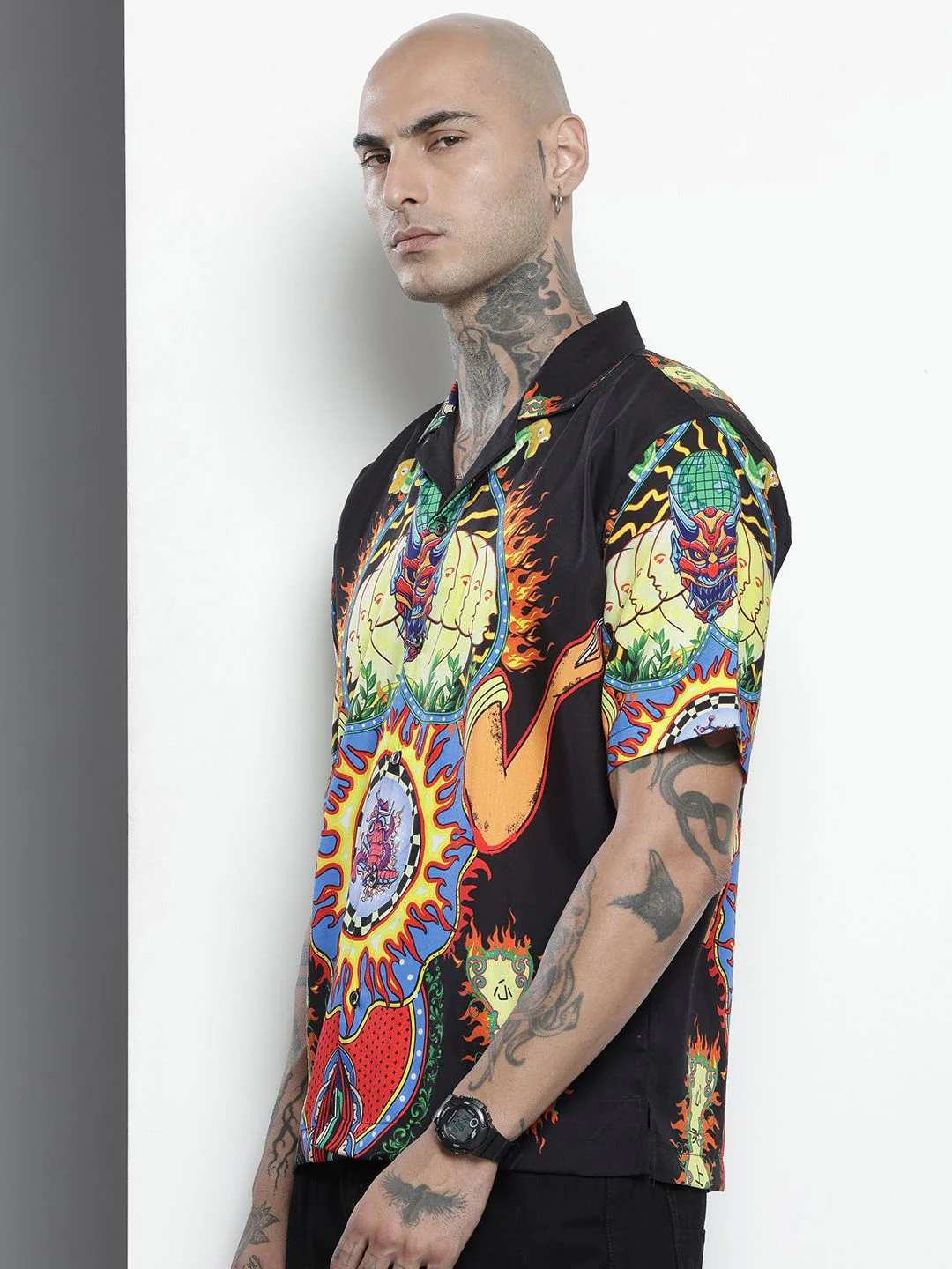 Men's Black Oversized Fit Printed Placement Printed Shirt - Image 2