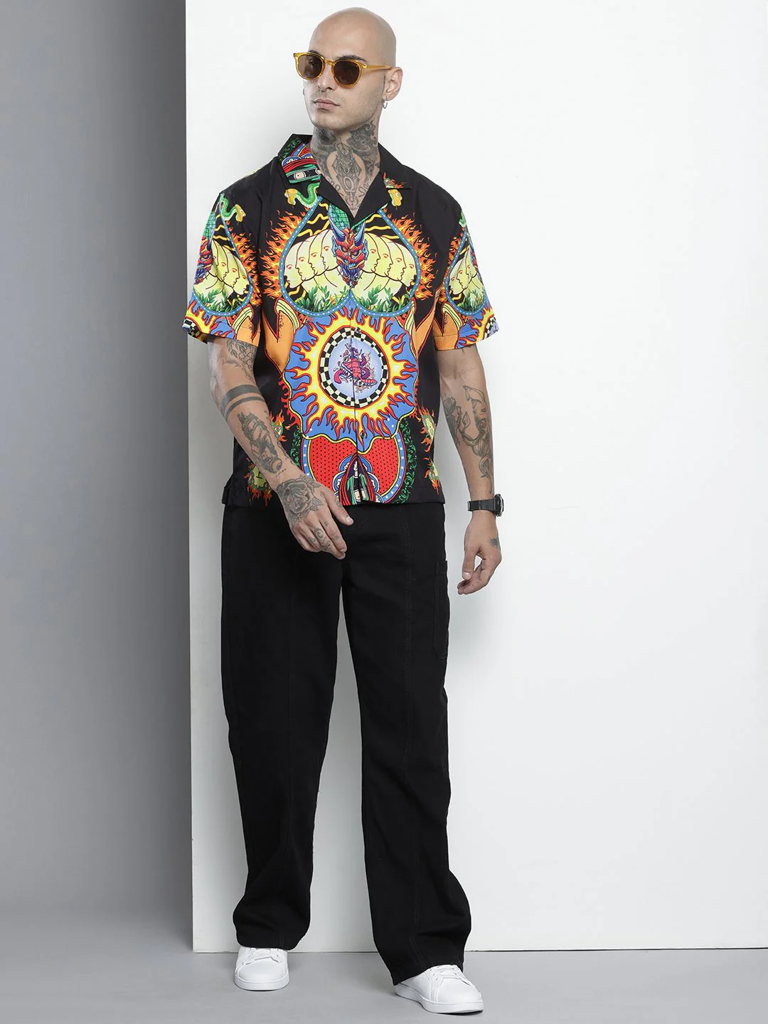 Men's Black Oversized Fit Printed Placement Printed Shirt - Image 4