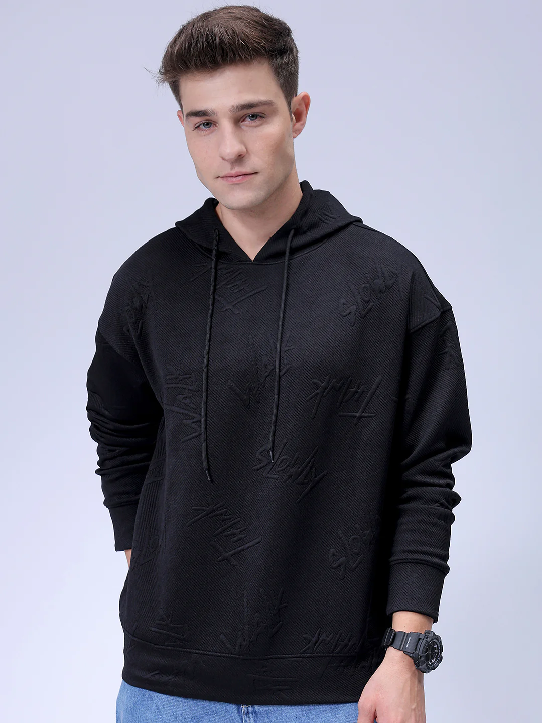 Men's Black Relaxed Fit Solid Casual Sweatshirts - Image 3