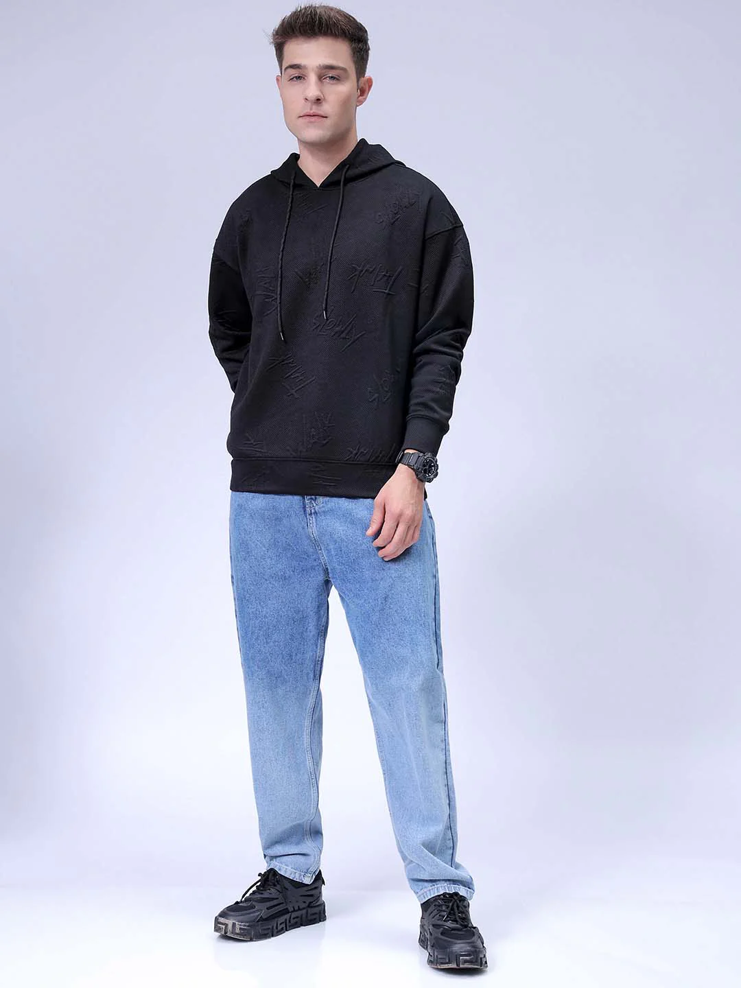 Men's Black Relaxed Fit Solid Casual Sweatshirts - Image 4