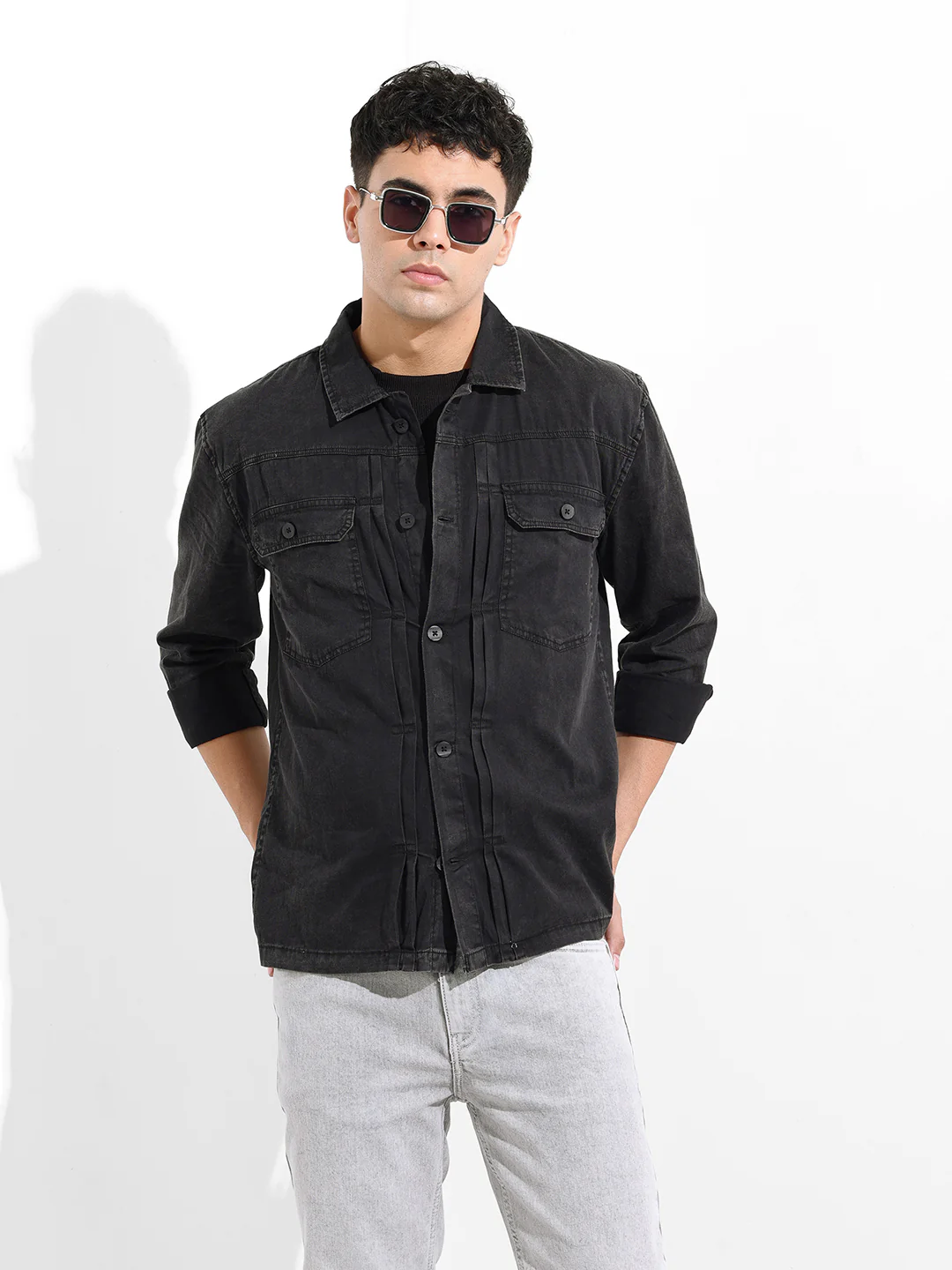 Men's Black Regular Fit Solid Vintage Shirt - Image 2