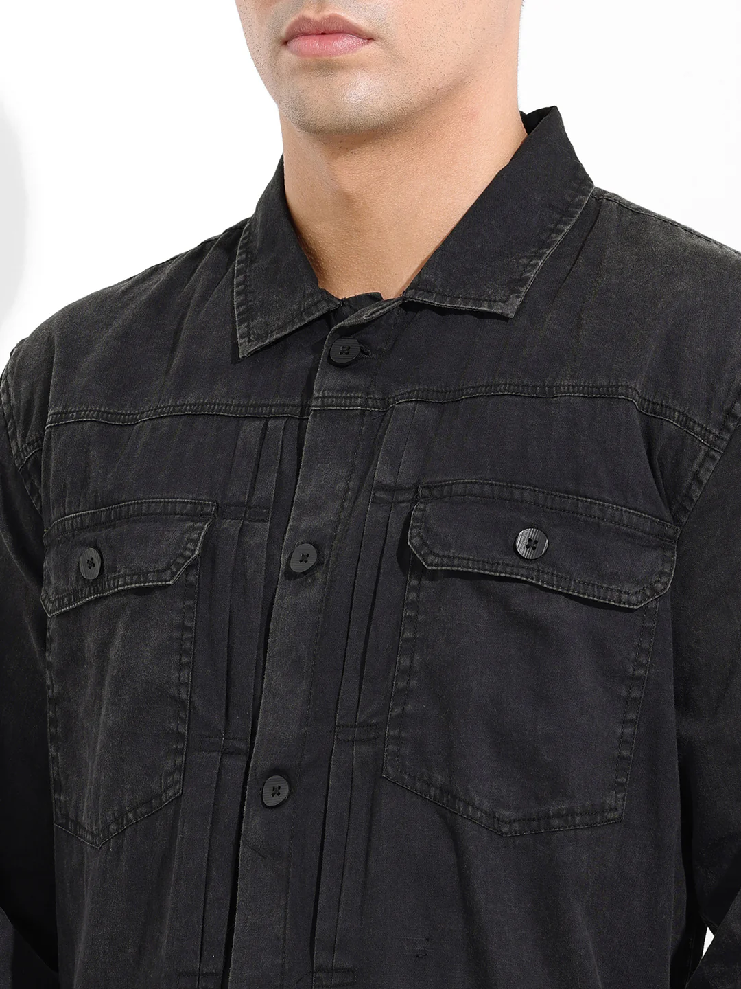 Men's Black Regular Fit Solid Vintage Shirt - Image 3
