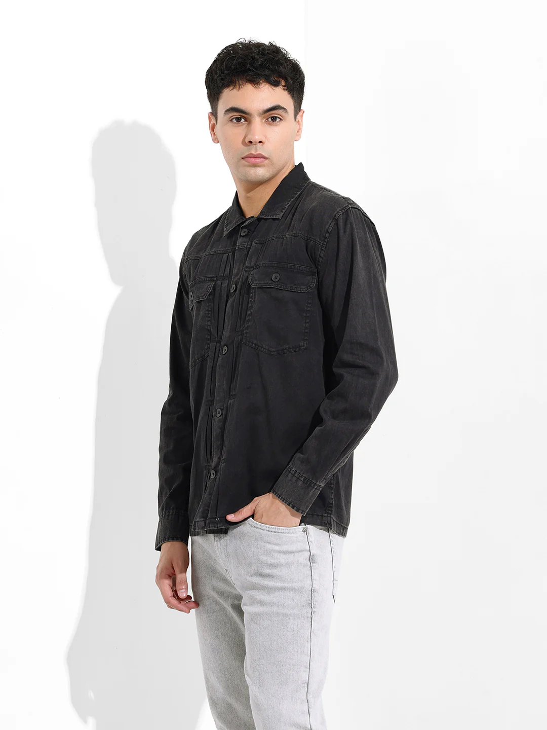 Men's Black Regular Fit Solid Vintage Shirt - Image 4
