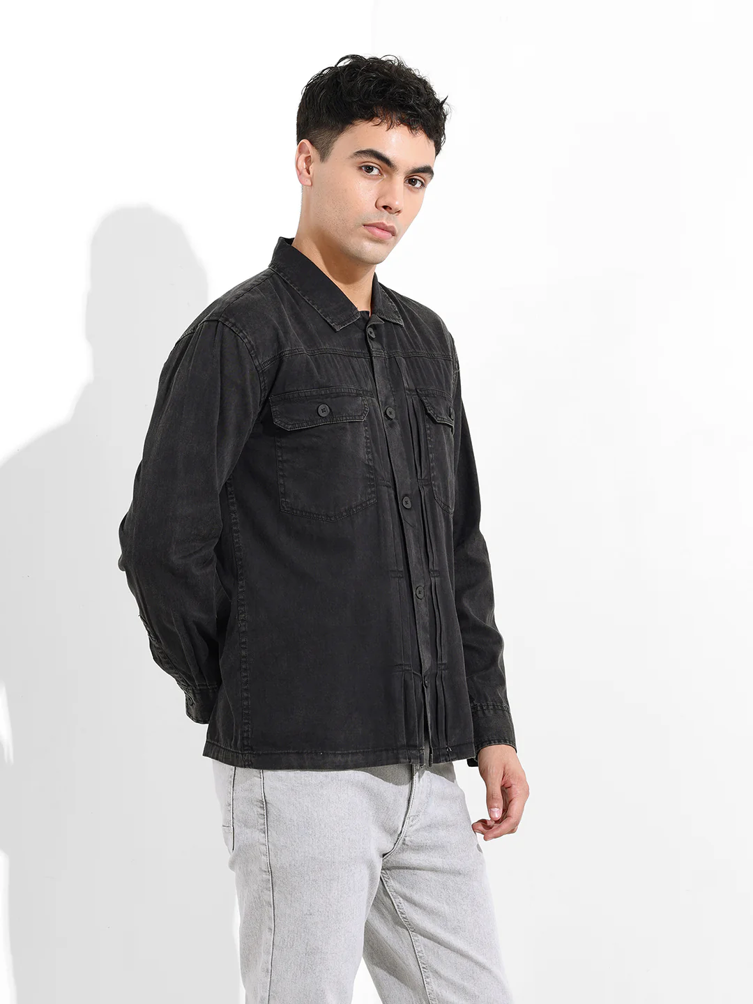 Men's Black Regular Fit Solid Vintage Shirt - Image 5
