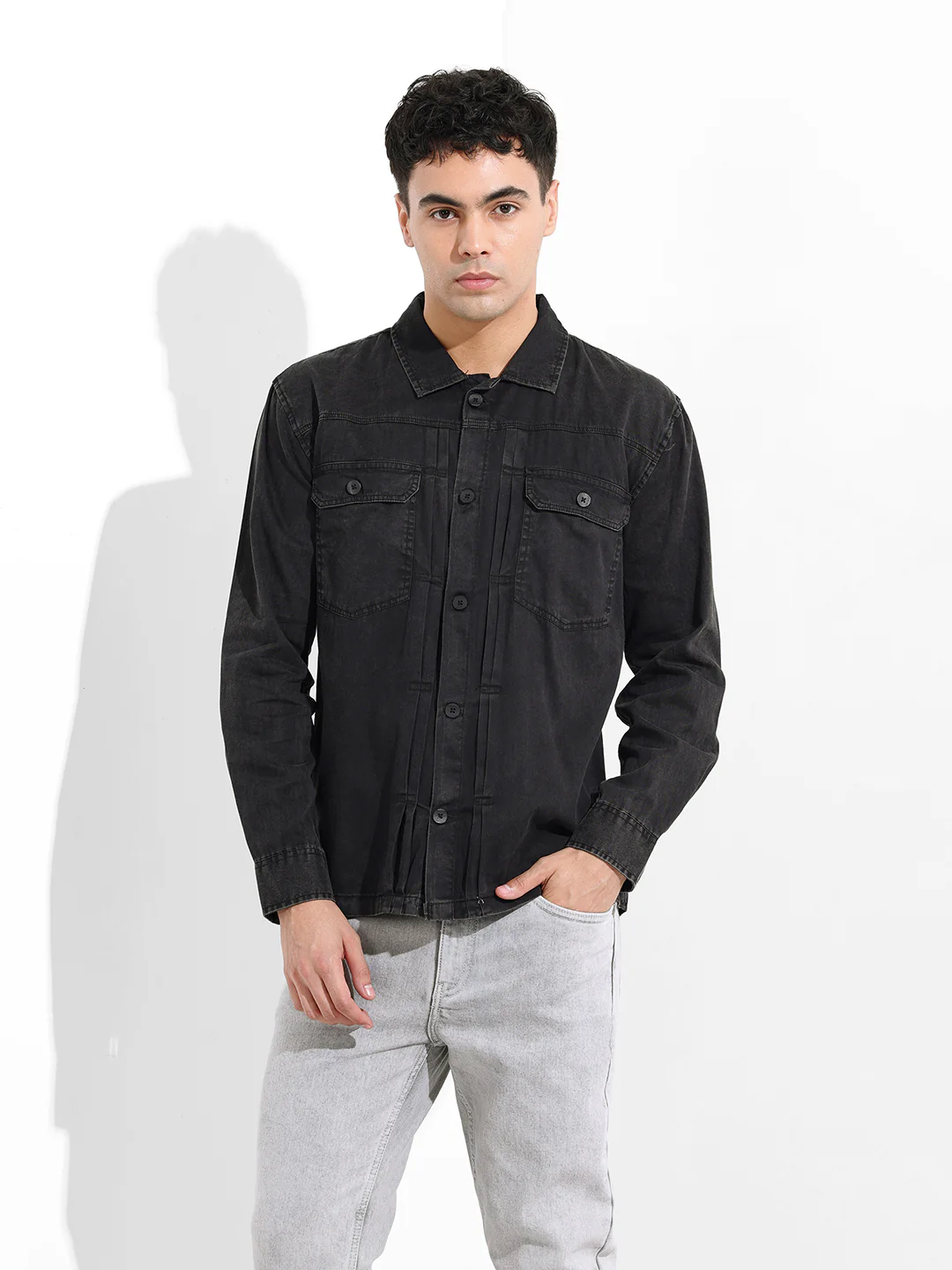Men's Black Regular Fit Solid Vintage Shirt - Image 8