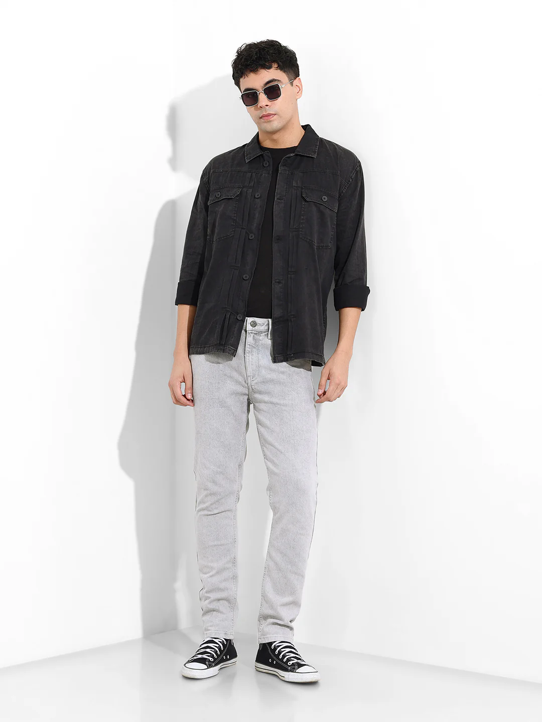 Men's Black Regular Fit Solid Vintage Shirt - Image 9