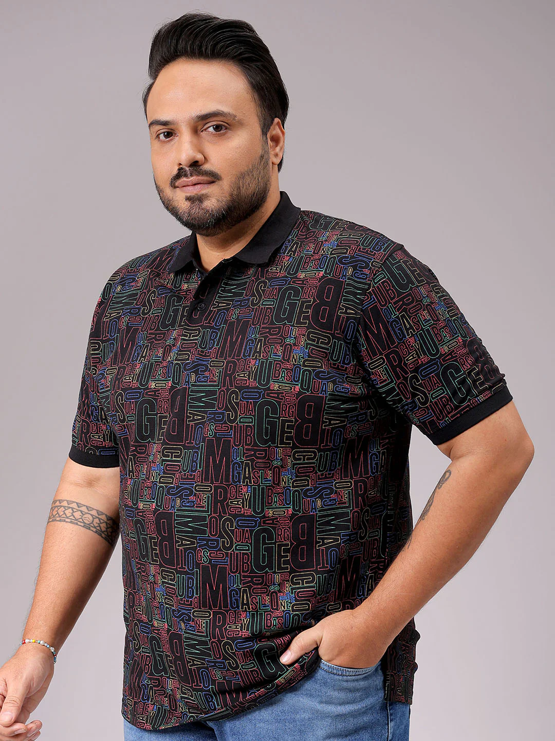 Men's Black Regular Fit Printed Polo Plus Size T-shirt - Image 2