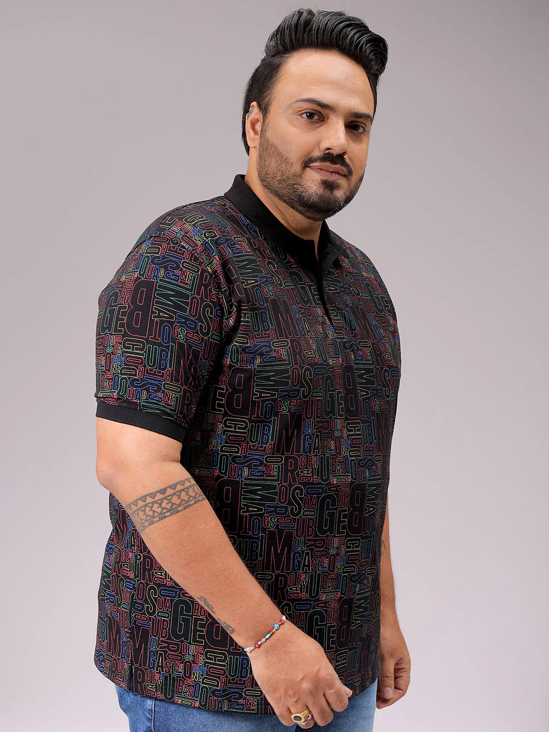 Men's Black Regular Fit Printed Polo Plus Size T-shirt - Image 3