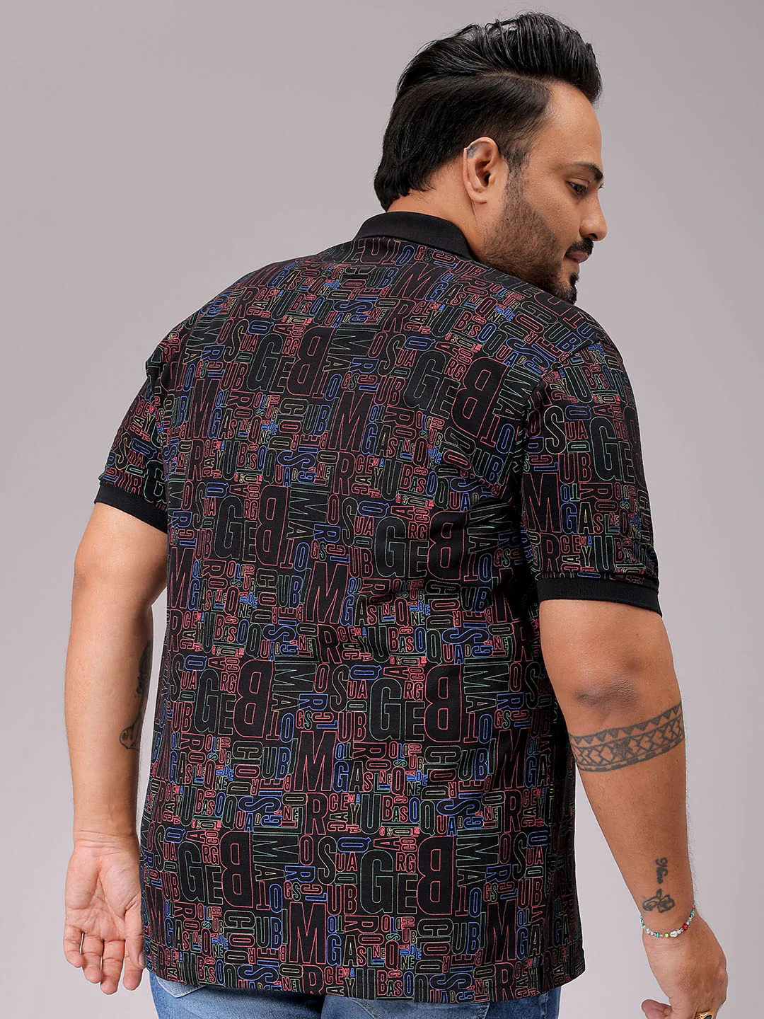 Men's Black Regular Fit Printed Polo Plus Size T-shirt - Image 4