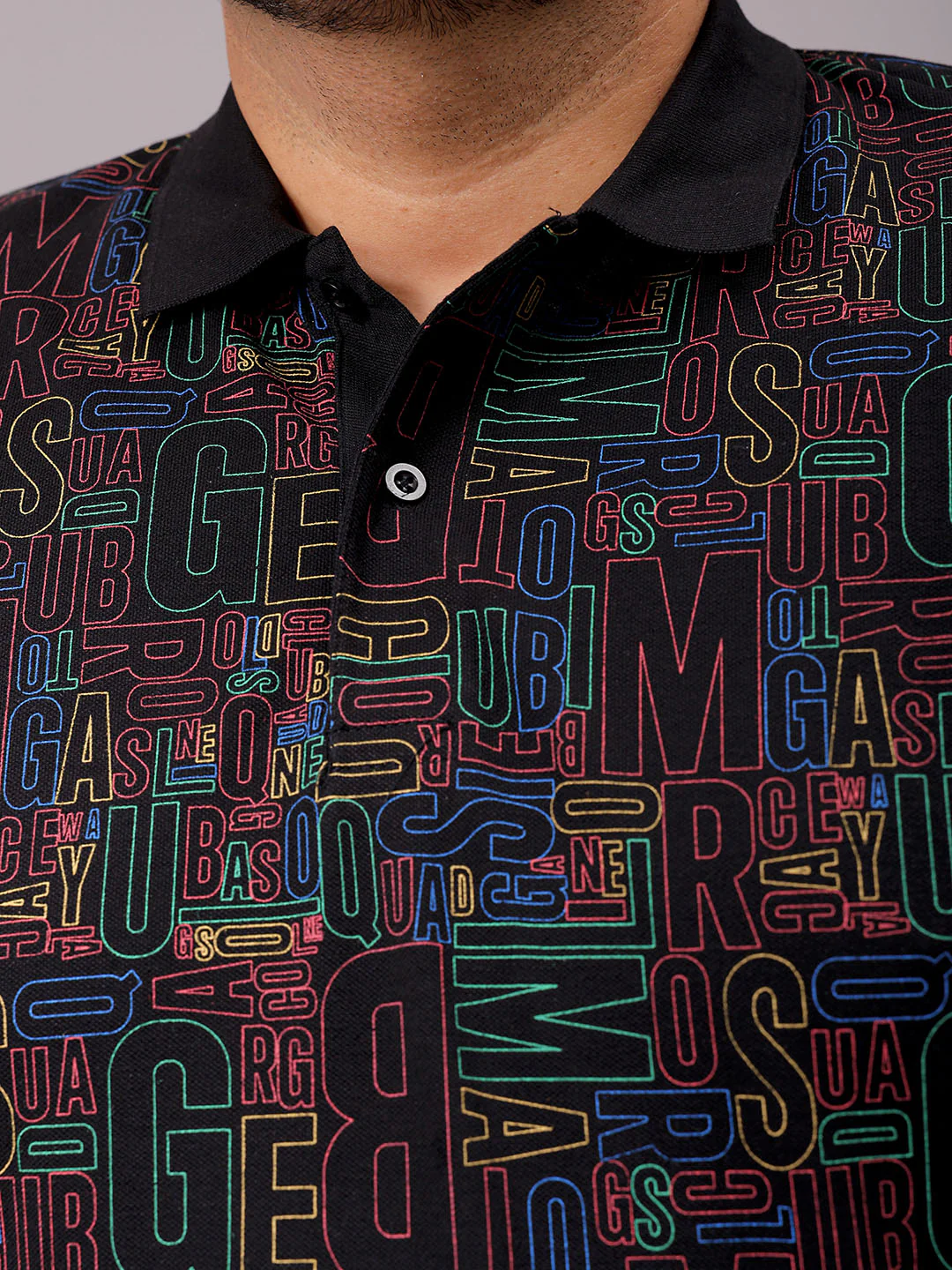 Men's Black Regular Fit Printed Polo Plus Size T-shirt - Image 5