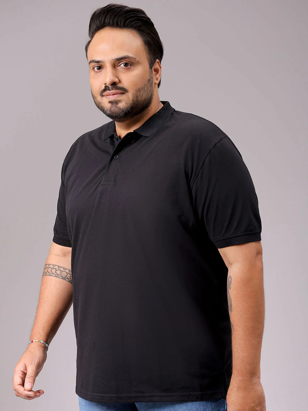 Men's Black Regular Fit Back Printed Polo Plus Size T-shirt - Image 3