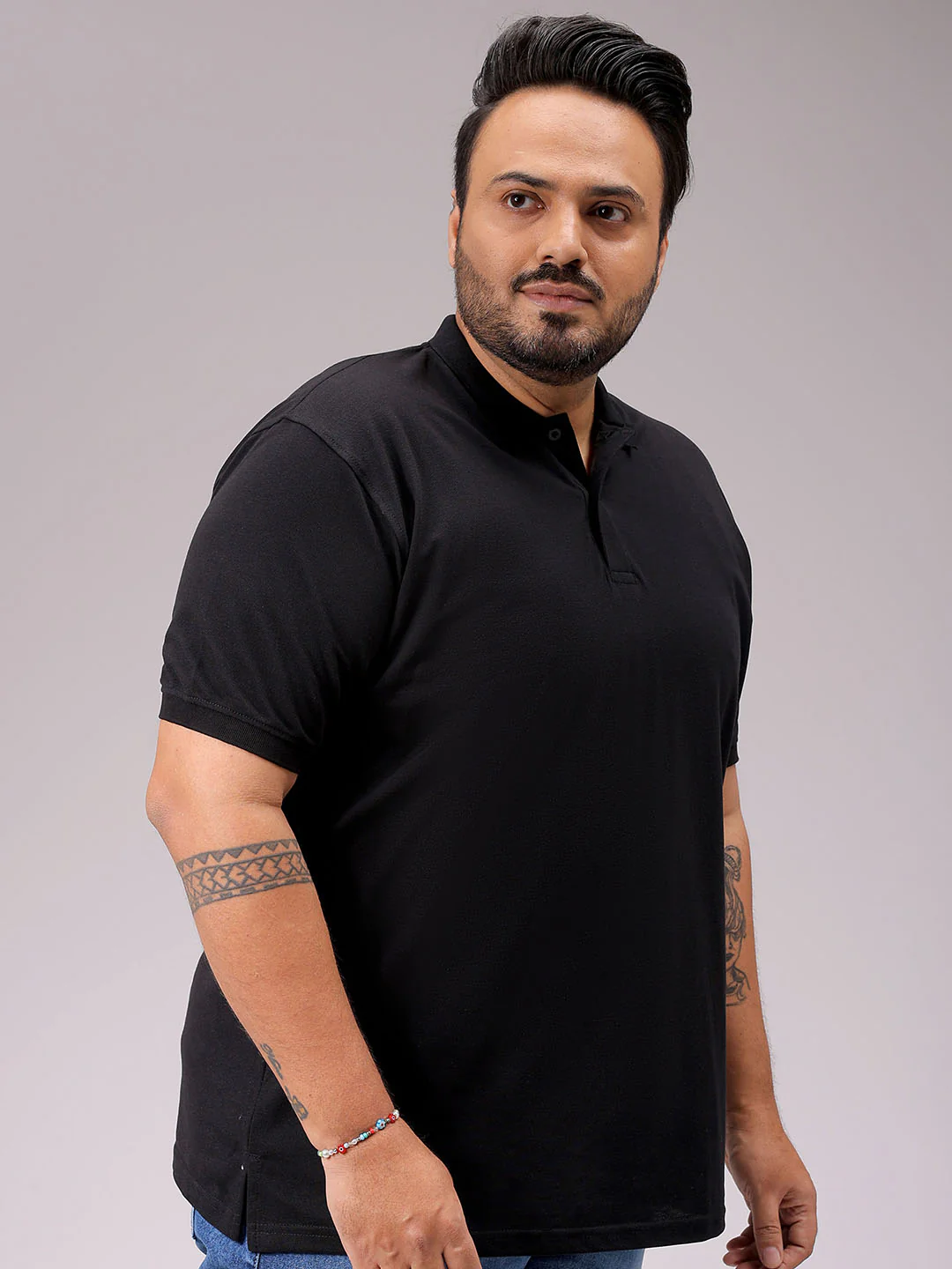 Men's Black Regular Fit Back Printed Polo Plus Size T-shirt - Image 4