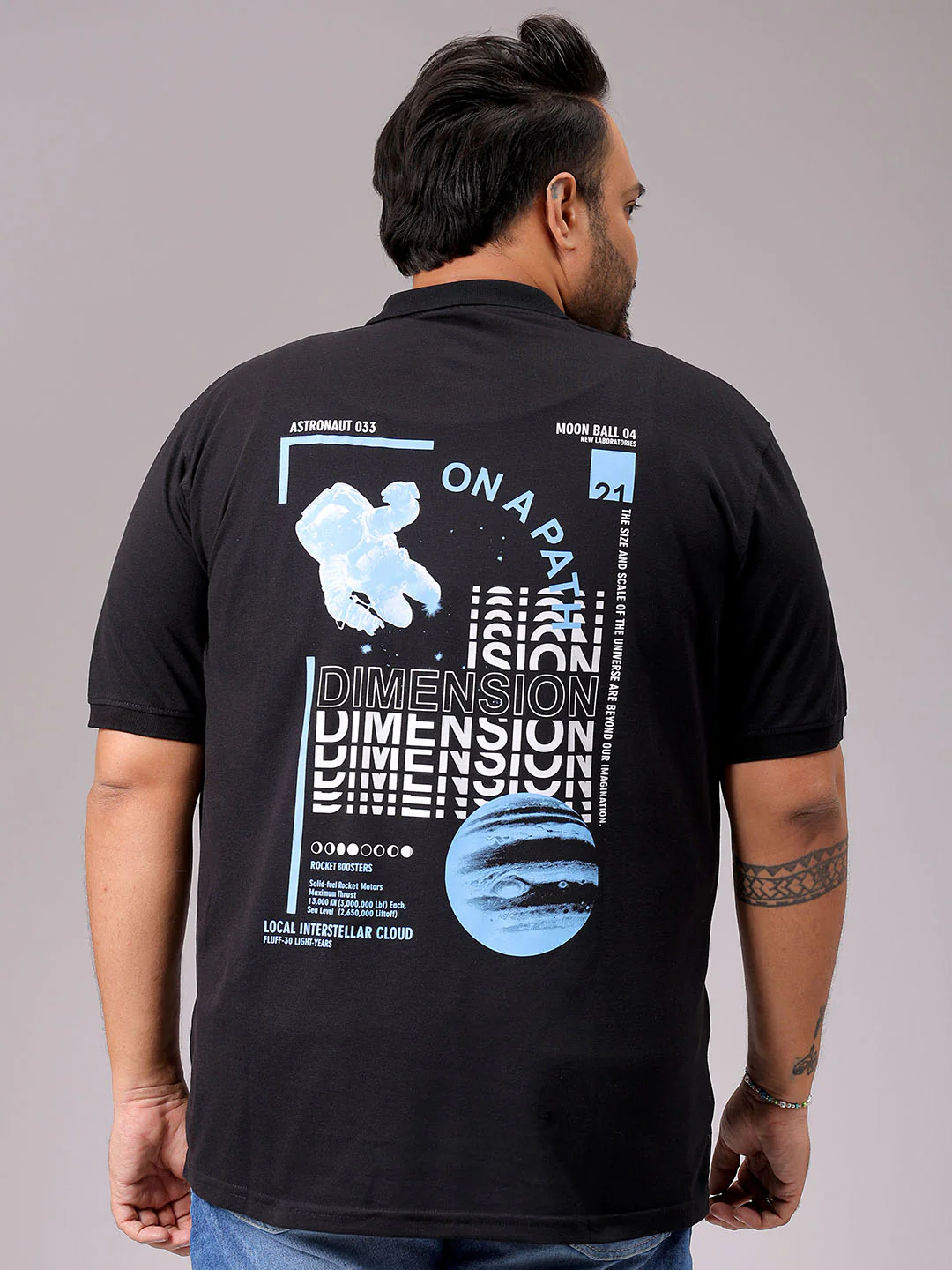 Men's Black Regular Fit Back Printed Polo Plus Size T-shirt - Image 5