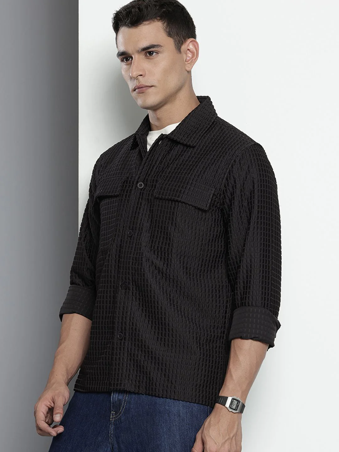 Men's Black Regular Fit Solid Textured Shirt - Image 2