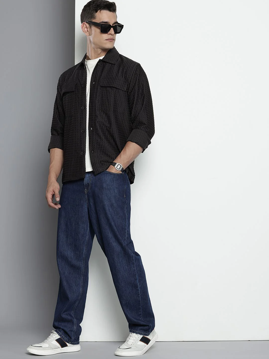 Men's Black Regular Fit Solid Textured Shirt - Image 4