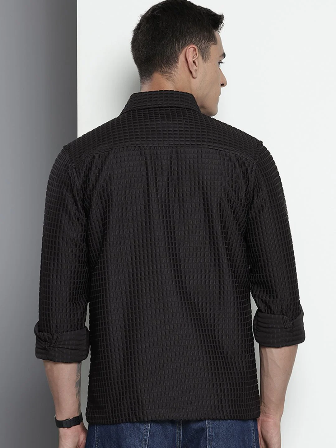 Men's Black Regular Fit Solid Textured Shirt - Image 5
