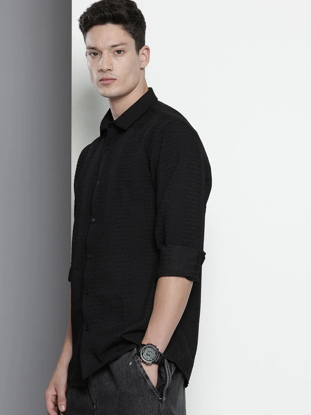 Men's Black Regular Fit Solid Textured Shirt - Image 2
