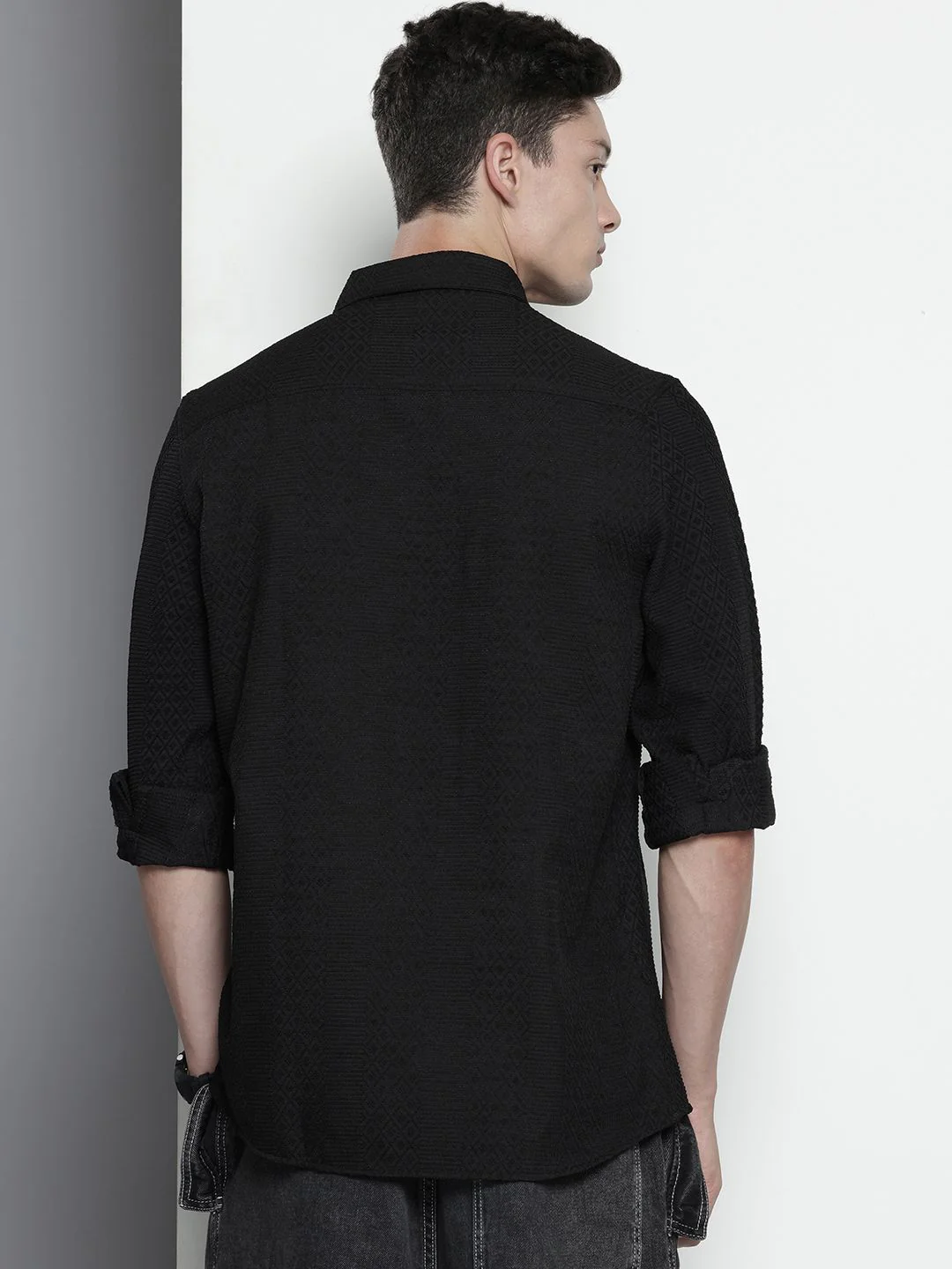 Men's Black Regular Fit Solid Textured Shirt - Image 3