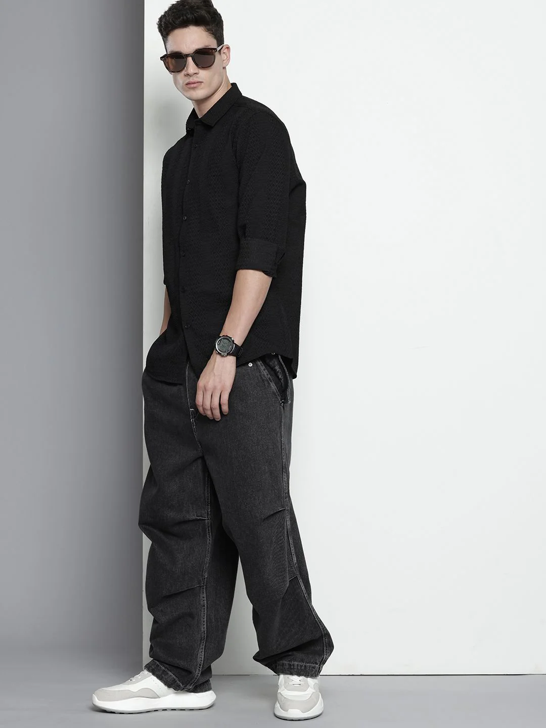 Men's Black Regular Fit Solid Textured Shirt - Image 4