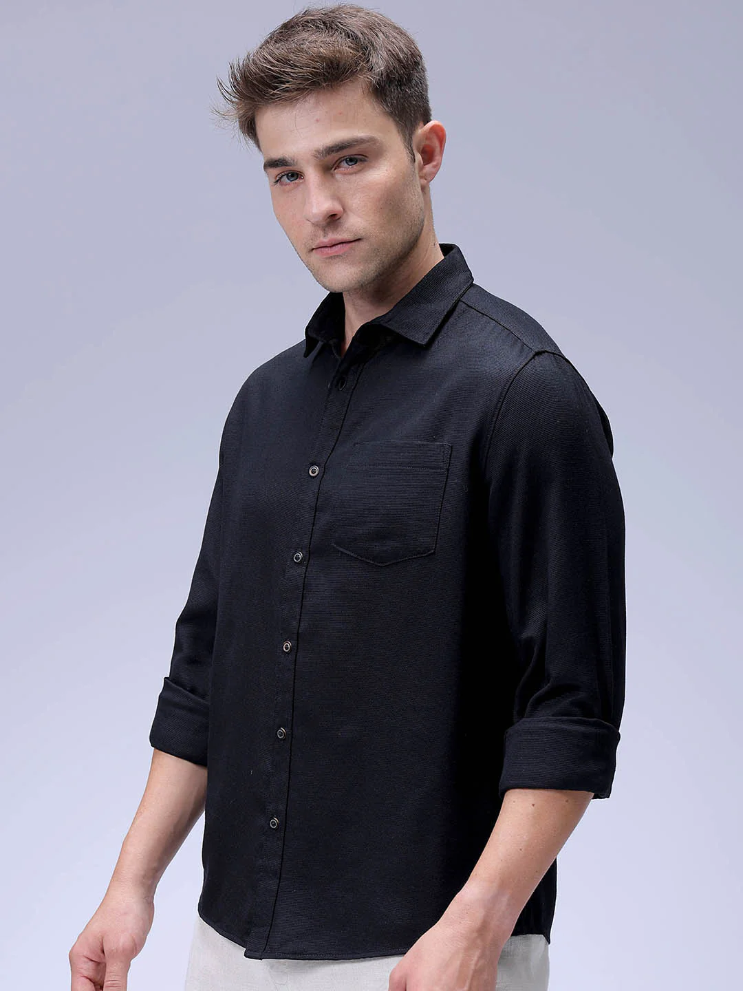 Men's Black Regular Fit Solid Textured Shirt - Image 2